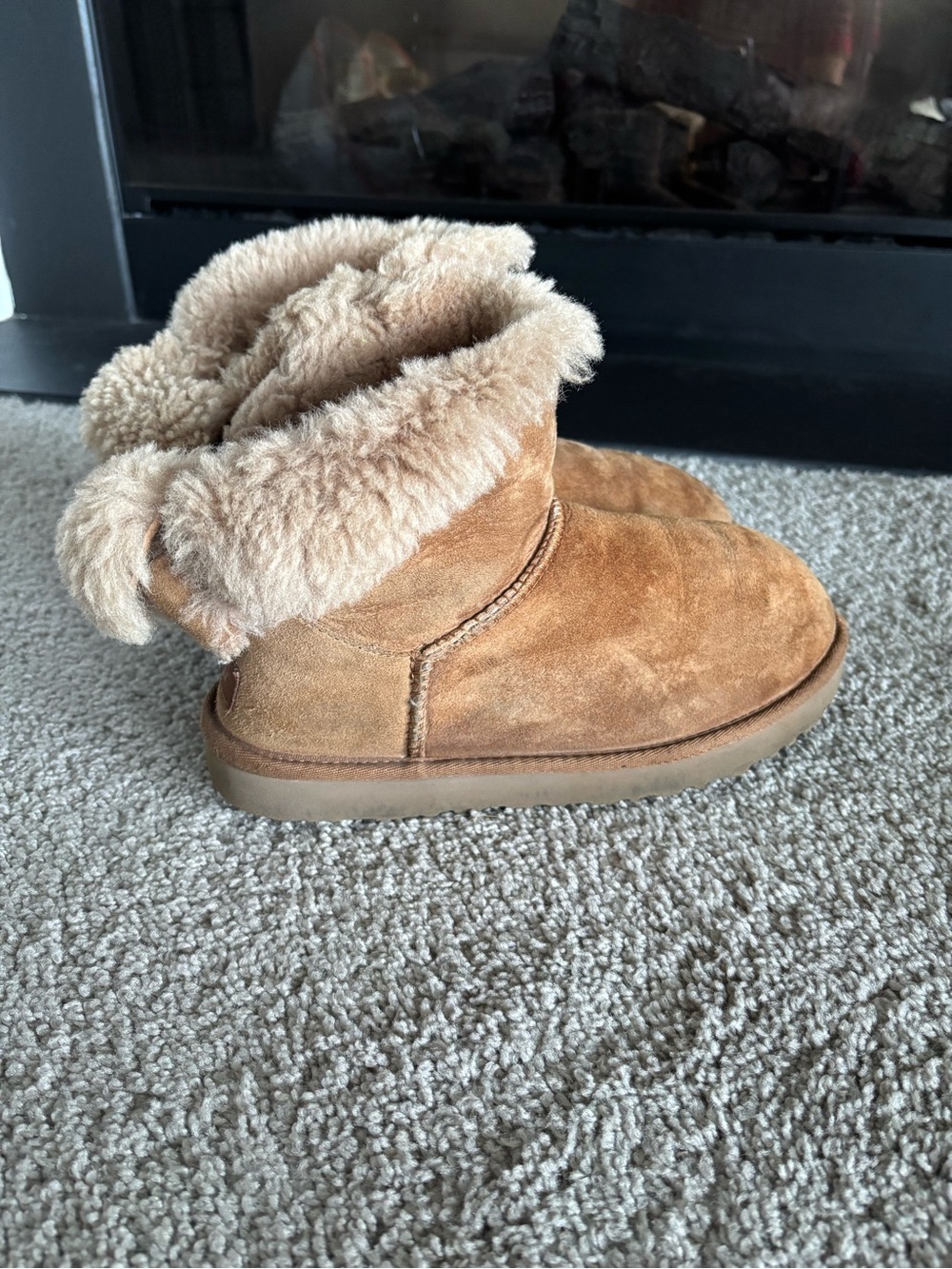 UGG Suede Shearling Fold-Over Boot with Bows - Chestnut